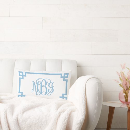 MBI Sky Blue Greek Key Script Monogram Lumbar Pillow