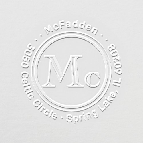 "Mc" Prefix Celtic Monogram Round Return Address Embosser - Add a stylish personalized touch to cards, invitations, and other correspondence with a round return address envelope embosser. All wording on this template is easy to customize or delete. The simple round design features elegant monogrammed initials for a last name with a prefix, such as "Mc," "De," "Le," etc. The modern minimalist typography name and address surround the monogram in a circle. Metallic stickers are also available as an option to create your own gold or silver foil seals and labels. This embosser makes a unique and thoughtful housewarming gift idea for friends, family or wedding couple who recently moved to a new home.