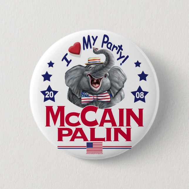 McCain Palin Republican Elephant Pinback Button (Front)