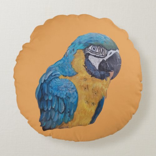 McCaw Parrot Blue Gold Original Painting w Gold   Round Pillow