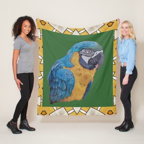 McCaw Parrot Blue Gold Original Painting w Green  Fleece Blanket