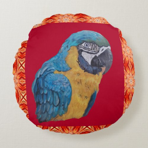 McCaw Parrot Blue Gold Original Painting w Red  Round Pillow