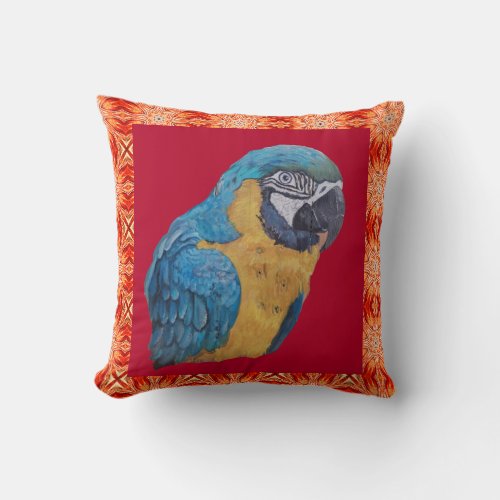 McCaw Parrot Blue Gold Original Painting w Red Throw Pillow