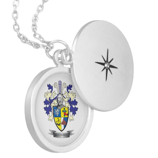 McConnell Family Crest Coat of Arms Silver Plated Necklace (Front Left)