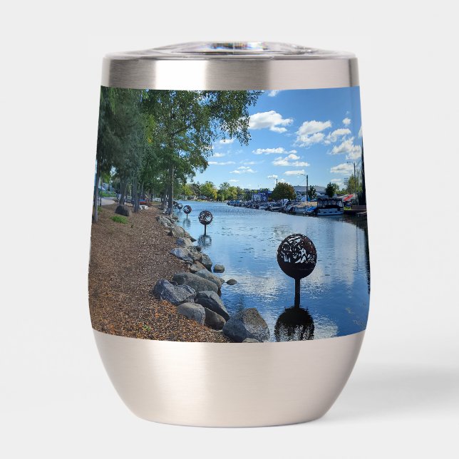 McHenry, Illinois | The Fox River Walkway Thermal Wine Tumbler (Front)