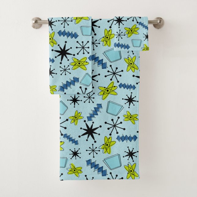 MCM Atomic Blues and Green Bath Towel Set (Insitu)