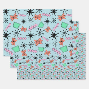 MCM Atomic Pink Green Orange on Blue Mix of Sizes Wrapping Paper Sheets