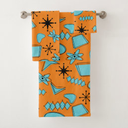 MCM Atomic Shapes Turquoise on Orange Bath Towel Set