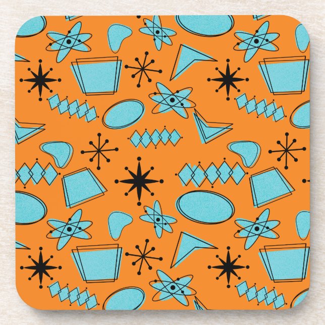 MCM Atomic Shapes Turquoise on Orange Beverage Coaster (Front)
