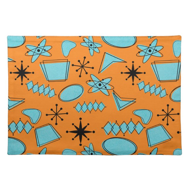 MCM Atomic Shapes Turquoise on Orange Cloth Placemat (Front)
