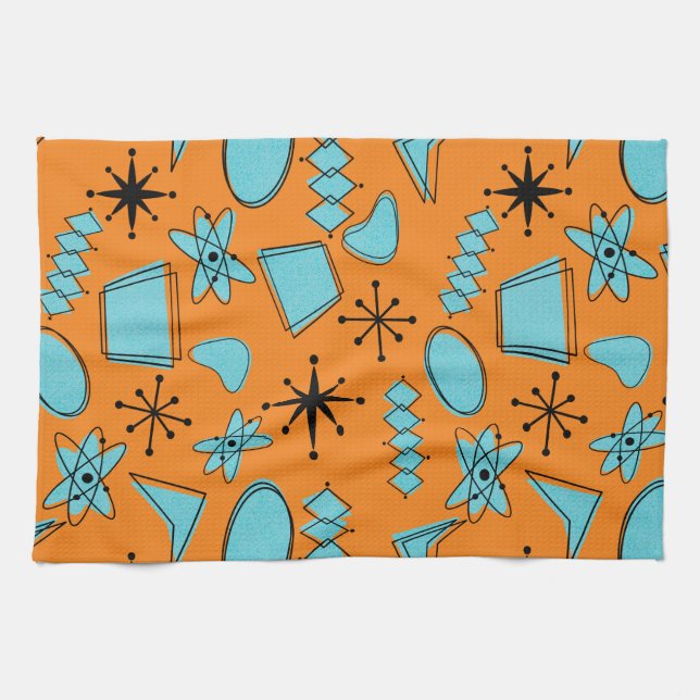 MCM Atomic Shapes Turquoise on Orange Kitchen Towel (Horizontal)