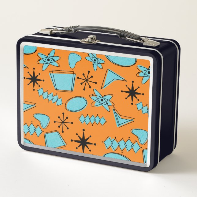 MCM Atomic Shapes Turquoise on Orange Metal Lunch Box (Front)