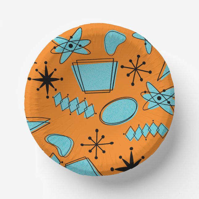 MCM Atomic Shapes Turquoise on Orange Paper Bowls (Front)