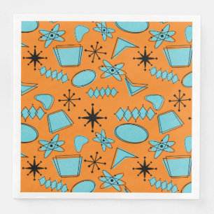 MCM Atomic Shapes Turquoise on Orange Paper Dinner Napkins