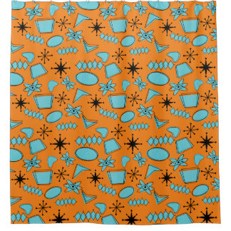 MCM Atomic Shapes Turquoise on Orange Shower Curtain