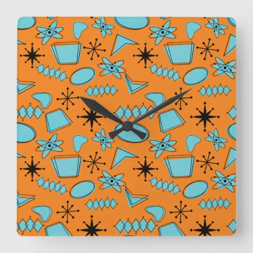 MCM Atomic Shapes Turquoise on Orange Square Wall Clock