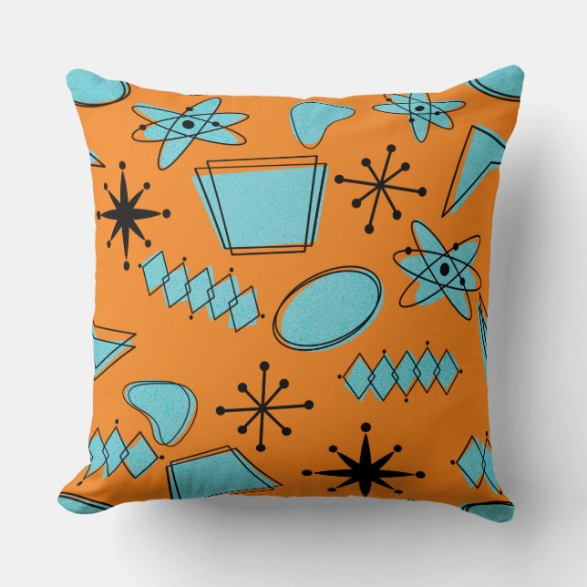 MCM Atomic Shapes Turquoise on Orange Throw Pillow (Front)