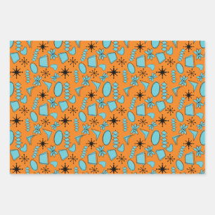 MCM Atomic Shapes Turquoise on Orange Wrapping Paper Sheets
