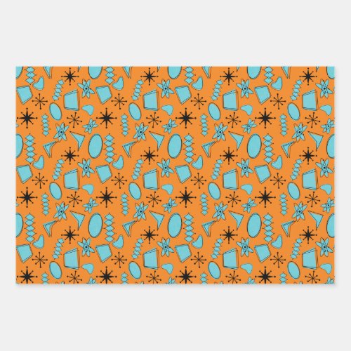 MCM Atomic Shapes Turquoise on Orange Wrapping Paper Sheets