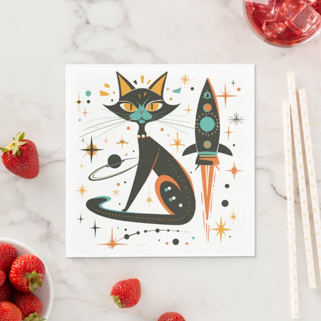 MCM Black Cat Retro Spaceship Stars Planets Napkins (Insitu)
