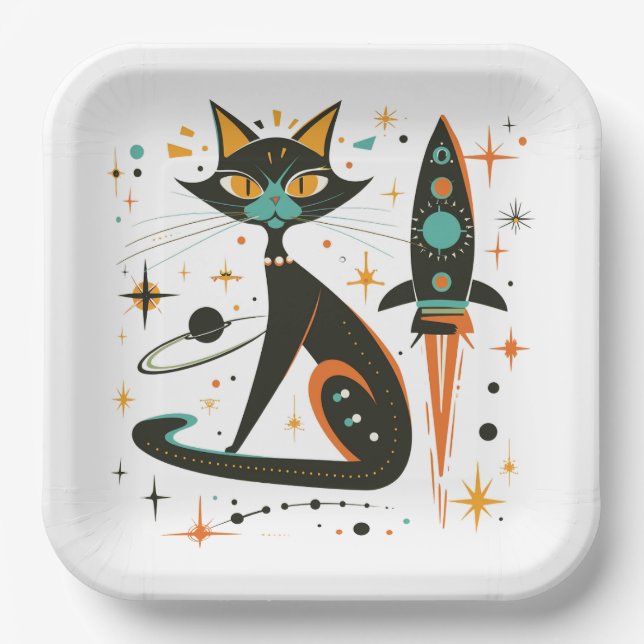 MCM Black Cat Retro Spaceship Stars Planets Paper Plates (Front)