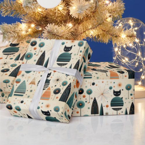 MCM Funky Black Cats Trees Flowers Stars Wrapping Paper