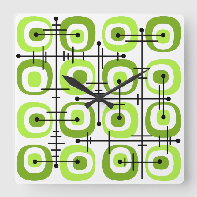 MCM Midcentury Abstract Pattern Chartreuse Square Wall Clock (Front)