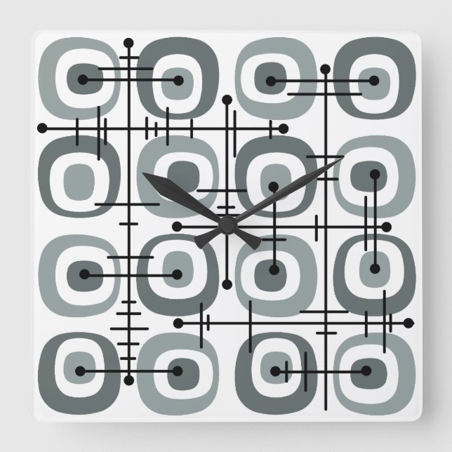 MCM Midcentury Abstract Pattern Gray Square Wall Clock (Front)