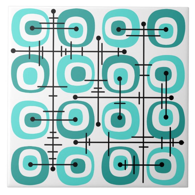 MCM Midcentury Abstract Pattern Turquoise Ceramic Tile (Front)