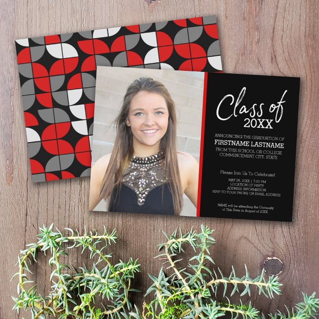 MCM Modern Pattern Red Black Graduation Photo Invitation (Creator Uploaded)