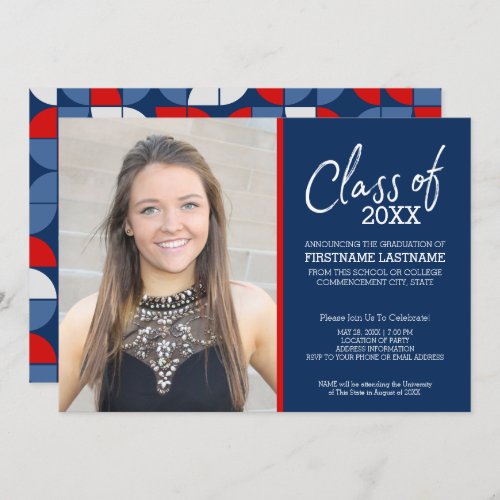 MCM Modern Pattern Red Blue Graduation Photo Invitation