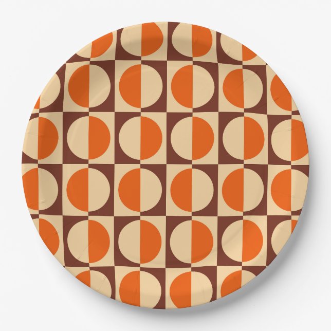 MCM Retro Geometric Half Square and Circle Pattern Paper Plates (Front)