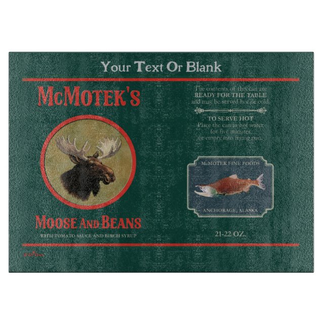 McMotek's Moose And Beans Label Cutting Board (Front)