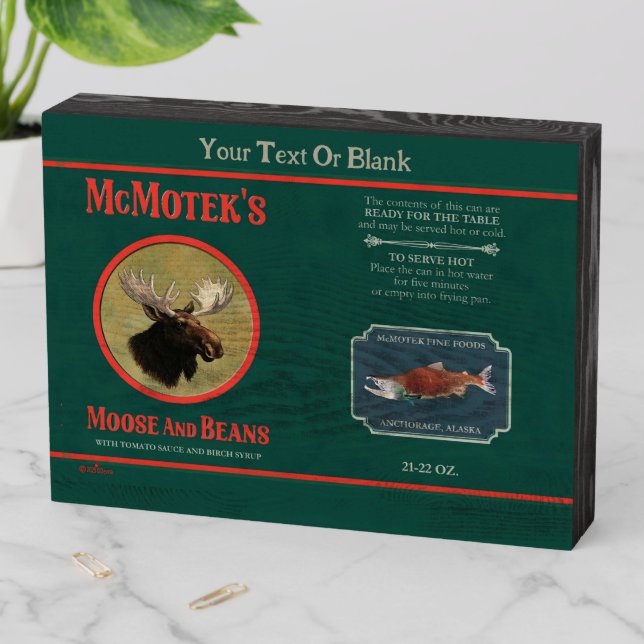 McMotek's Moose And Beans Label Wooden Box Sign (In Situ Horizontal)