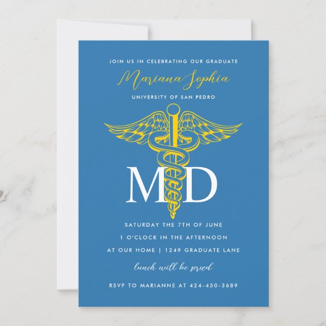 MD Doctor of Medicine Graduation Blue and Gold Invitation (Front)