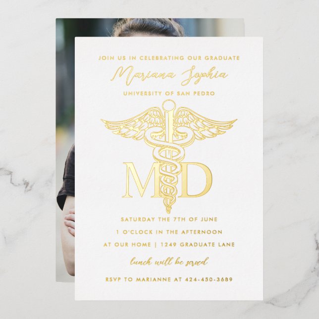 MD Doctor of Medicine Graduation Gold Foil Invitation (Front/Back)