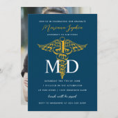 MD Doctor of Medicine Graduation Navy Blue Gold Invitation (Front/Back)