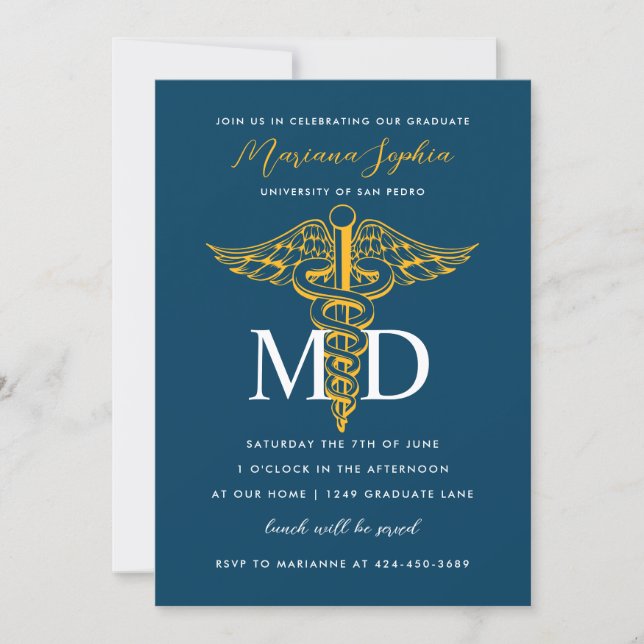MD Doctor of Medicine Graduation Navy Blue Gold Invitation (Front)