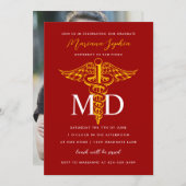 MD Doctor of Medicine Graduation Red and Gold Invitation (Front/Back)