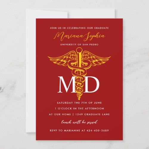 MD Doctor of Medicine Graduation Red and Gold Invitation