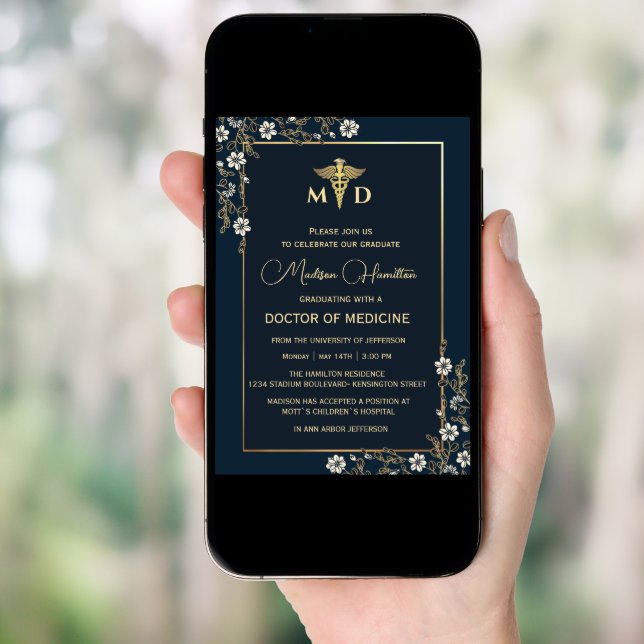 MD Doctor of Medicine Navy Blue and Gold Floral Invitation (Front Digital)
