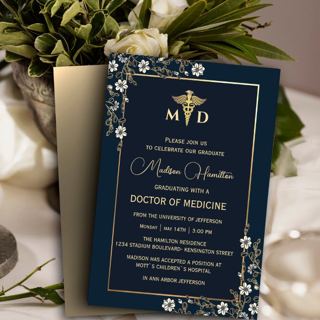 MD Doctor of Medicine Navy Blue and Gold Floral Invitation (Elegant Navy Blue and Gold Doctor of Medicine Graduation Party Invitation #graduate #navyandgold)