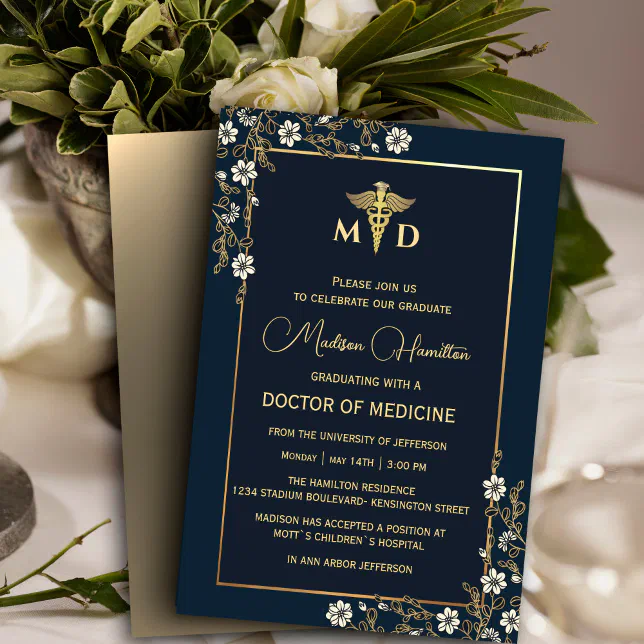 https://www.zazzle.com/md_doctor_of_medicine_navy_blue_and_gold_floral_invitation-256556700503866439