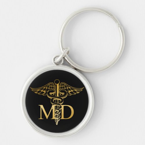 MD faux gold caduceus Black and Gold Keychain