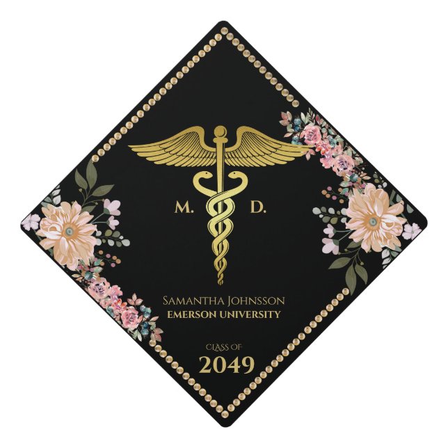 MD RN Doctor Nurse Black Floral Year Gold Caduceus Graduation Cap Topper (Front)