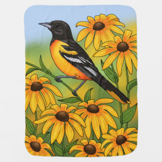 MD State Bird Oriole & Black-eyed Susan Flower Baby Blanket