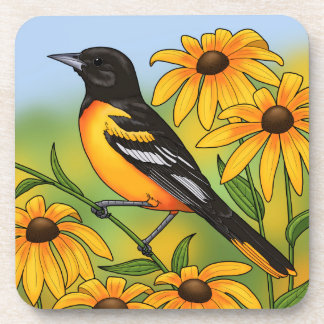 MD State Bird Oriole & Black-eyed Susan Flower Beverage Coaster