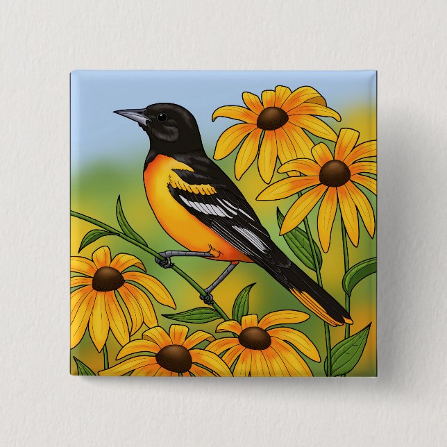 MD State Bird Oriole & Black-eyed Susan Flower Button (Front)