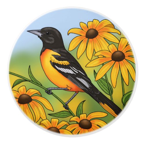 MD State Bird Oriole  Black_eyed Susan Flower Ceramic Knob