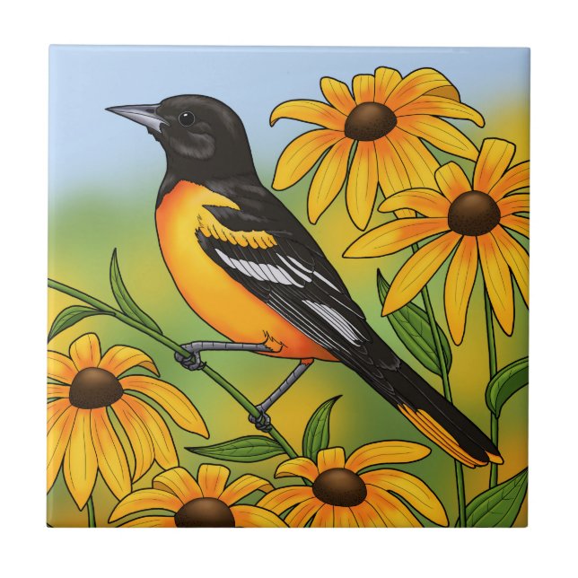 MD State Bird Oriole & Black-eyed Susan Flower Ceramic Tile (Front)